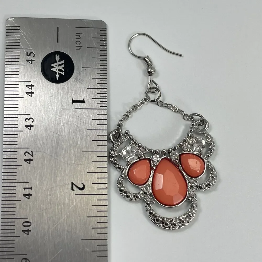 Silver Tone Orange White Rhinestone Statement Bold Dangle Earrings Hook Setting